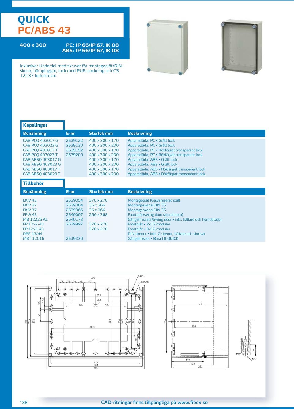 Rökfärgat transparent lock CAB PCQ 403023 T 2539200 400 x 300 x 230 Apparatlåda, PC Rökfärgat transparent lock CAB ABSQ 403017 G 400 x 300 x 170 Apparatlåda, ABS Grått lock CAB ABSQ 403023 G 400 x