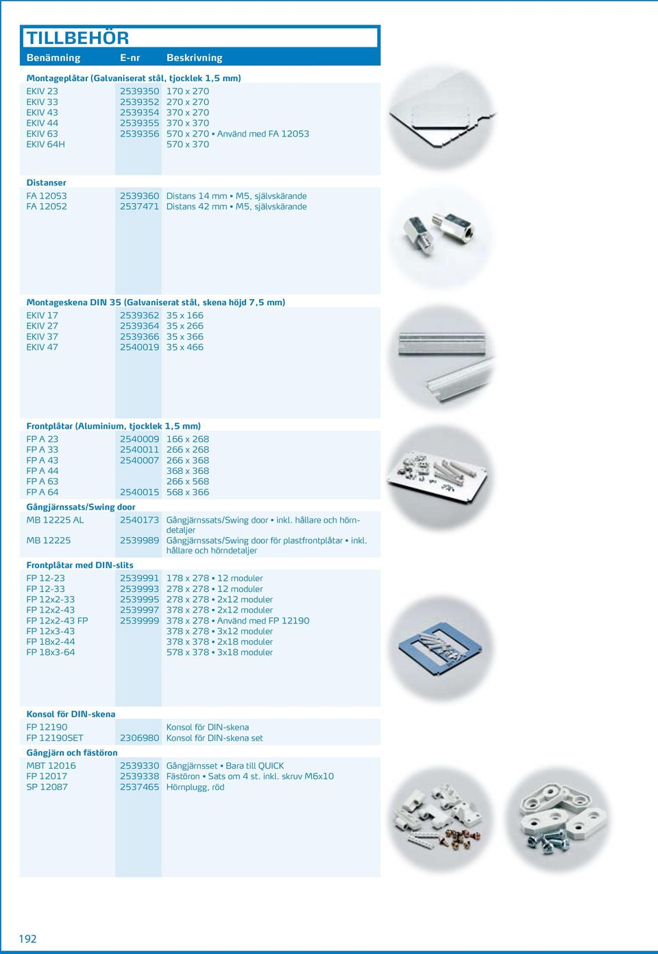 stål, skena höjd 7,5 mm) EKIV 17 2539362 35 x 166 EKIV 27 2539364 35 x 266 EKIV 37 2539366 35 x 366 EKIV 47 2540019 35 x 466 Frontplåtar (Aluminium, tjocklek 1,5 mm) FP A 23 2540009 166 x 268 FP A 33