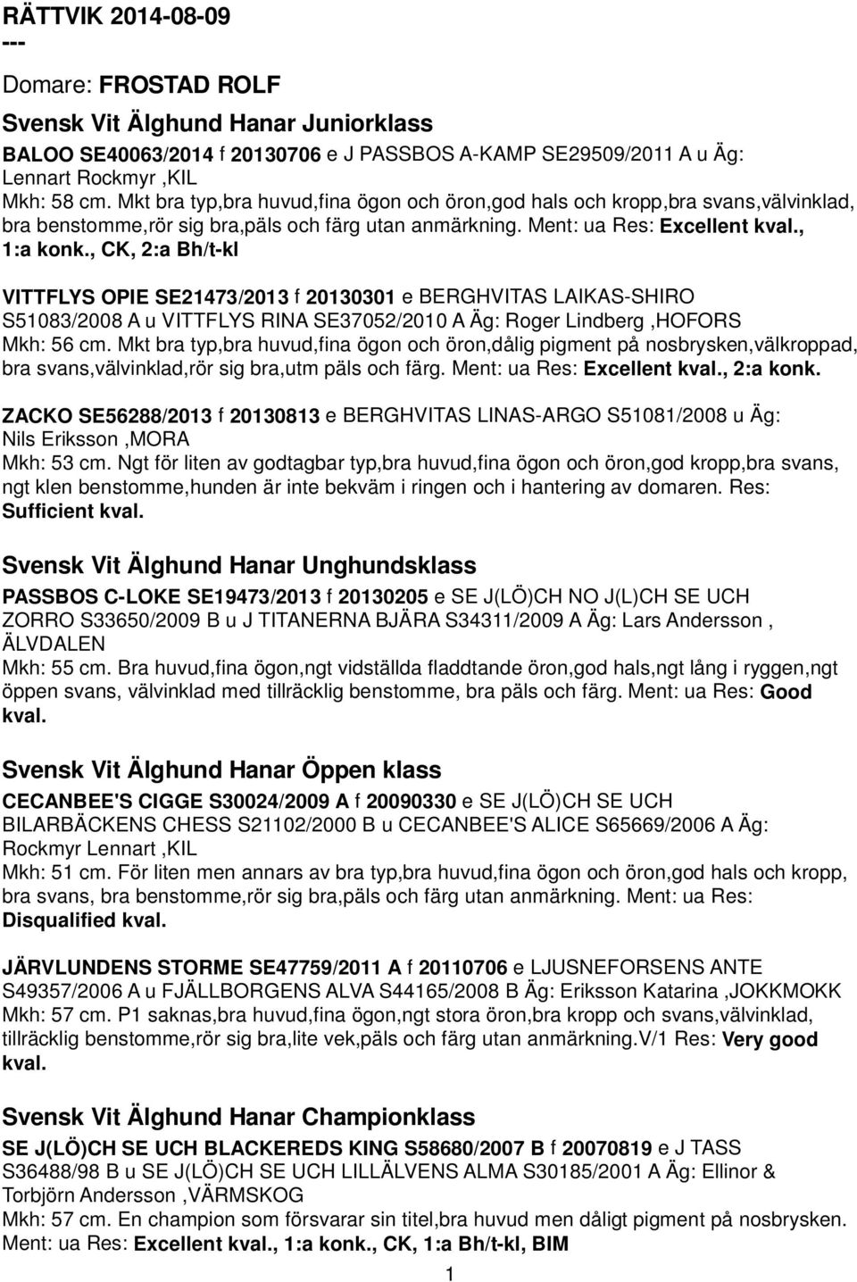 , CK, 2:a Bh/t-kl VITTFLYS OPIE SE21473/2013 f 20130301 e BERGHVITAS LAIKAS-SHIRO S51083/2008 A u VITTFLYS RINA SE37052/2010 A Äg: Roger Lindberg,HOFORS Mkh: 56 cm.