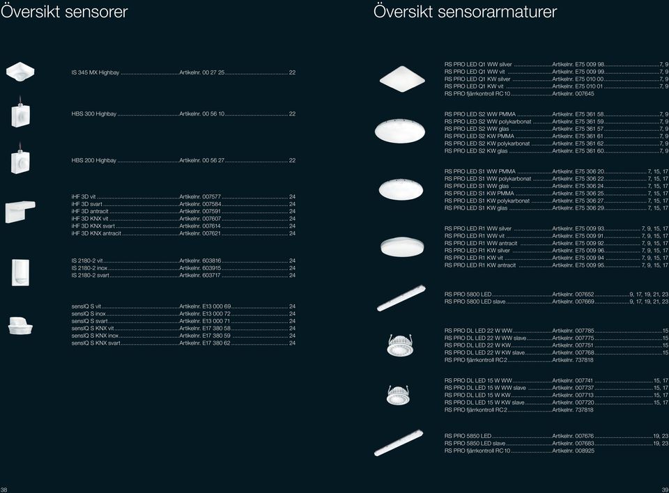 .. 22 HBS 200 Highbay...Artikelnr. 00 56 27... 22 ihf 3D vit...artikelnr. 007577... 24 ihf 3D svart...artikelnr. 007584... 24 ihf 3D antracit...artikelnr. 007591... 24 ihf 3D KNX vit...artikelnr. 007607.
