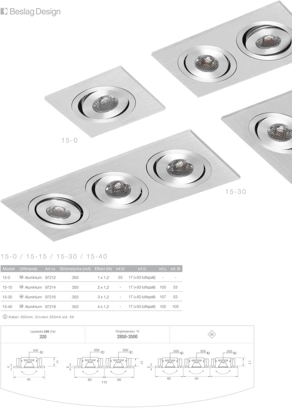 15-30 Aluminium 97216 350 3 x 1,2-17 (+50 luftspalt) 157 53 15-40 Aluminium 97218 350 4 x 1,2-17 (+50 luftspalt) 105 105