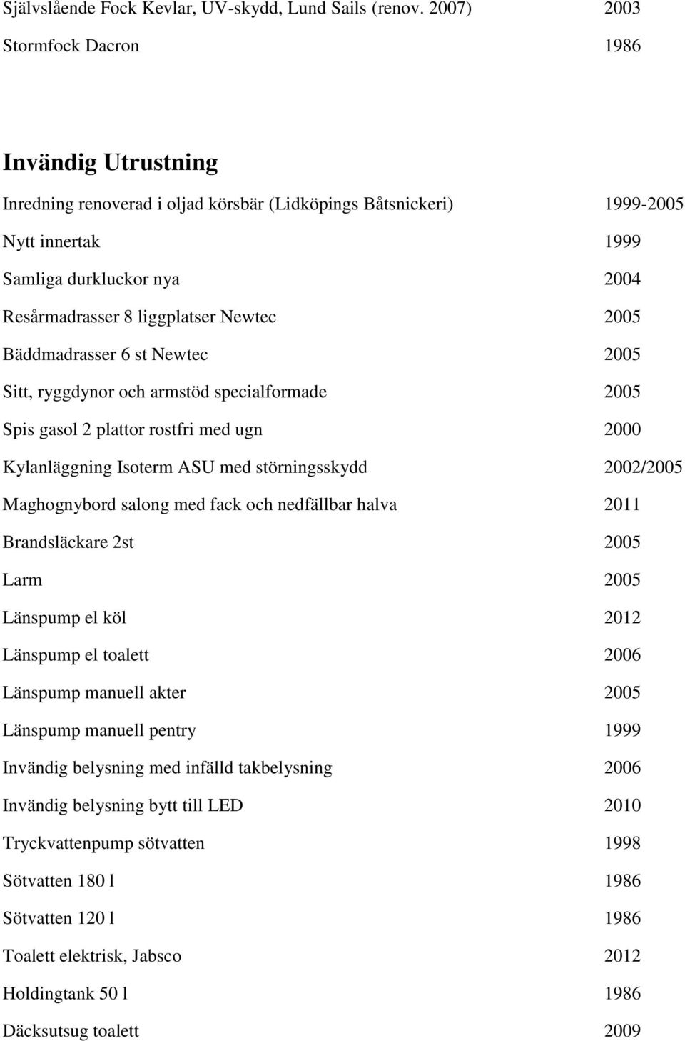 Newtec 2005 Bäddmadrasser 6 st Newtec 2005 Sitt, ryggdynor och armstöd specialformade 2005 Spis gasol 2 plattor rostfri med ugn 2000 Kylanläggning Isoterm ASU med störningsskydd 2002/2005