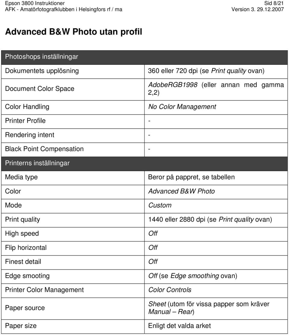 Color Mode Print quality High speed Flip horizontal Finest detail Edge smooting Color Management source size Beror på pappret, se tabellen Advanced B&W Photo