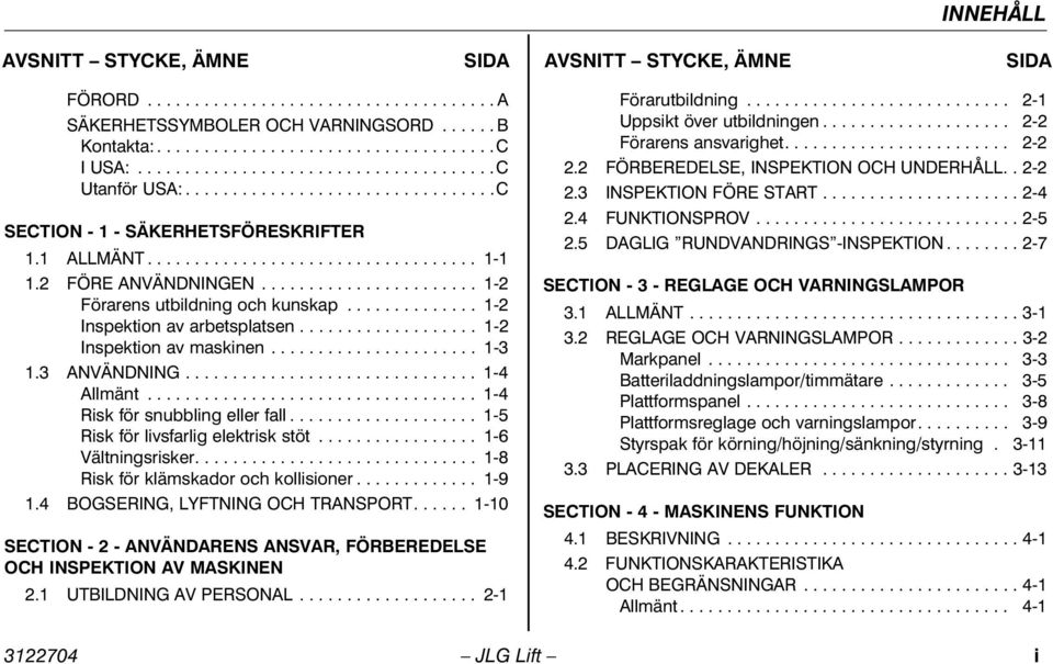 ...................... 1-2 Förarens utbildning och kunskap.............. 1-2 Inspektion av arbetsplatsen................... 1-2 Inspektion av maskinen...................... 1-3 1.3 ANVÄNDNING.