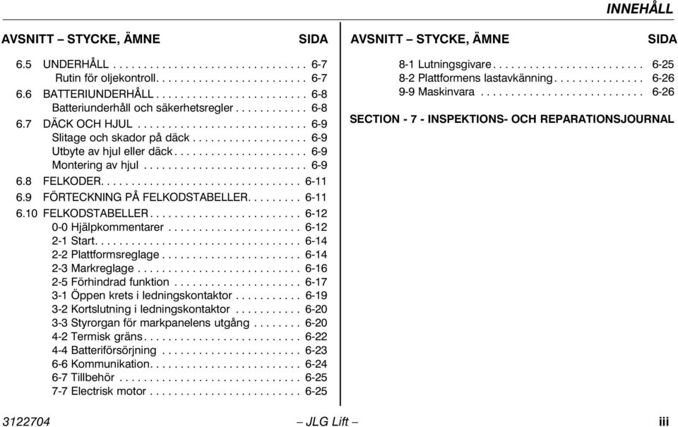 ..................... 6-9 Montering av hjul........................... 6-9 6.8 FELKODER................................. 6-11 6.9 FÖRTECKNING PÅ FELKODSTABELLER......... 6-11 6.10 FELKODSTABELLER.