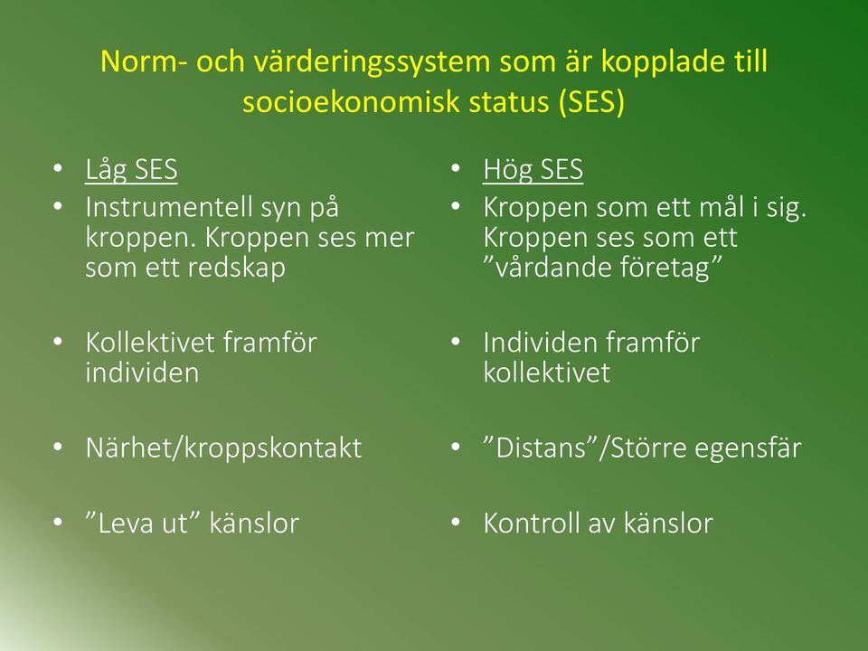 Kroppen ses mer som ett redskap Kollektivet framför individen Närhet/kroppskontakt Leva