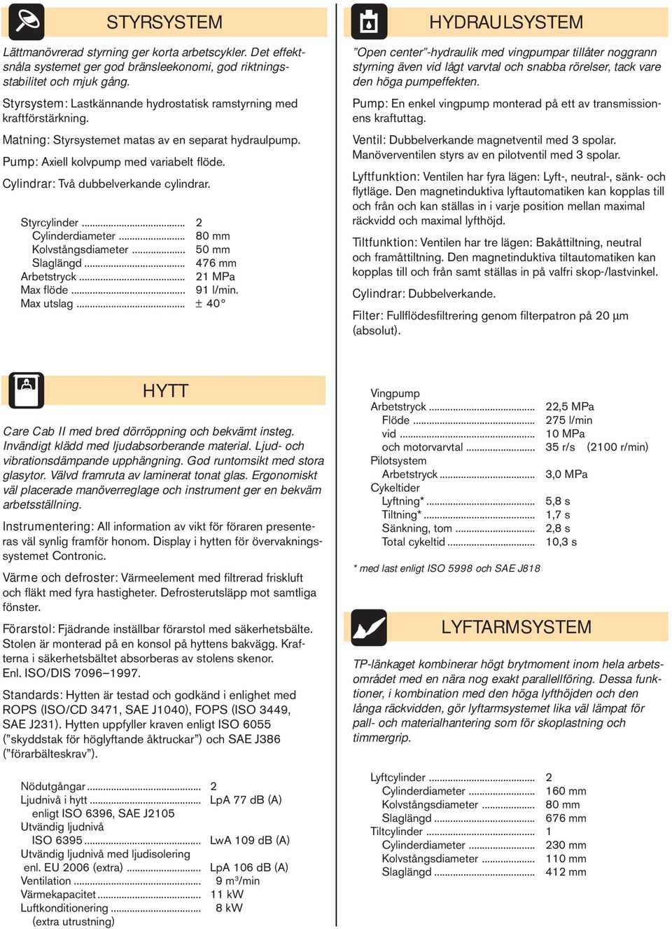 ylindrar: Två dubbelverkande cylindrar. Styrcylinder... 2 ylinderdiameter... 80 olvstångsdiameter... 50 Slaglängd... 476 rbetstryck... 21 MPa Max flöde... 91 l/min. Max utslag.