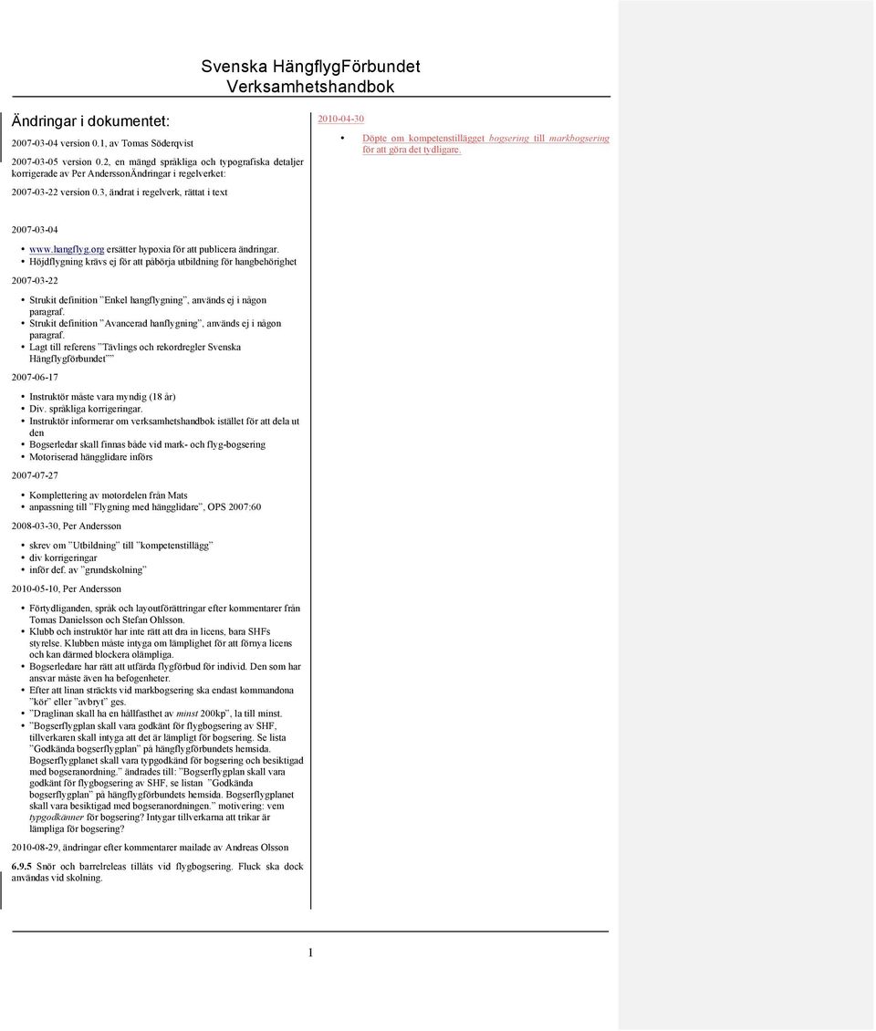 3, ändrat i regelverk, rättat i text 2010-04-30 Döpte om kompetenstillägget bogsering till markbogsering för att göra det tydligare. 2007-03-04 www.hangflyg.