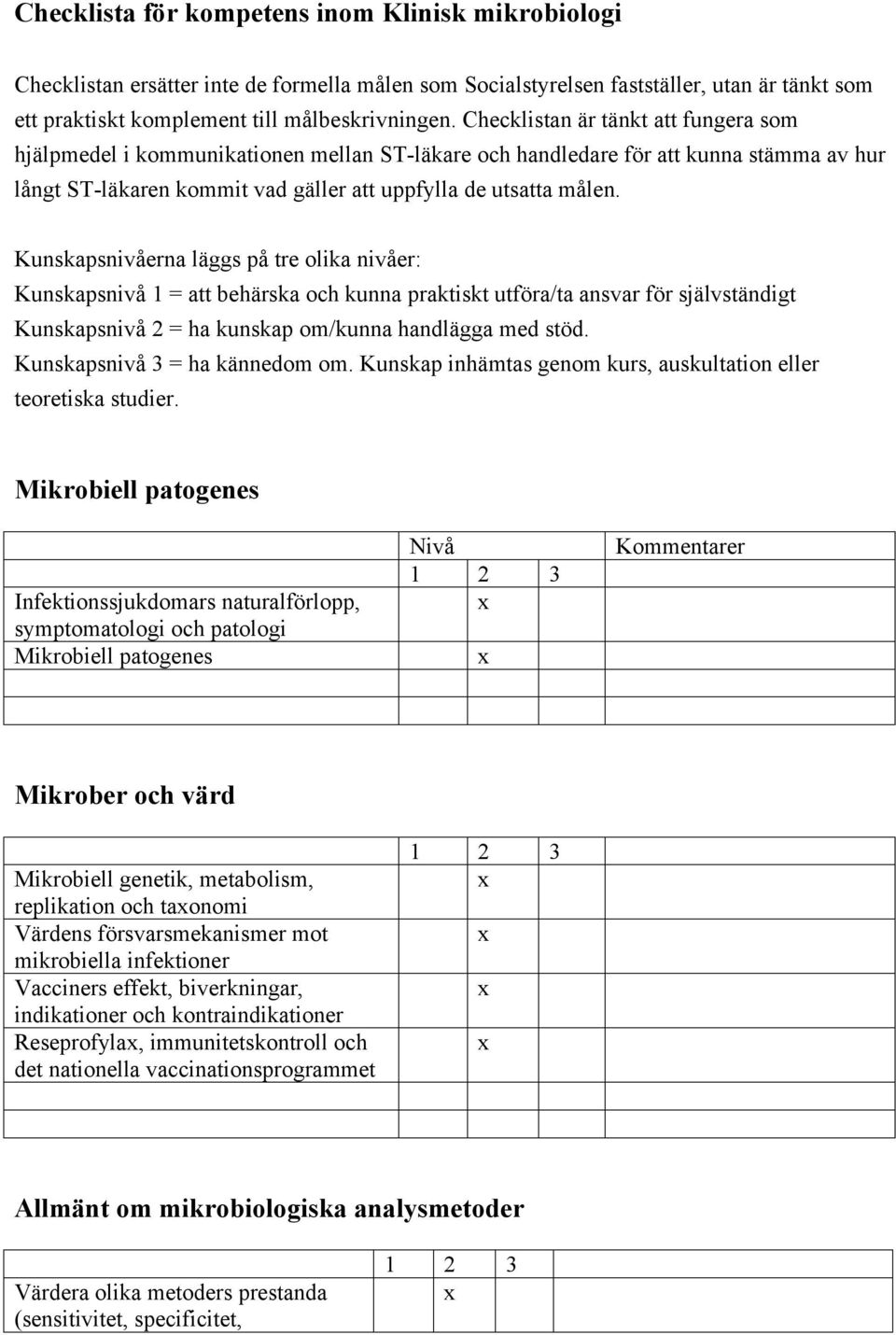 Kunskapsnivåerna läggs på tre olika nivåer: Kunskapsnivå 1 = att behärska och kunna praktiskt utföra/ta ansvar för självständigt Kunskapsnivå 2 = ha kunskap om/kunna handlägga med stöd.