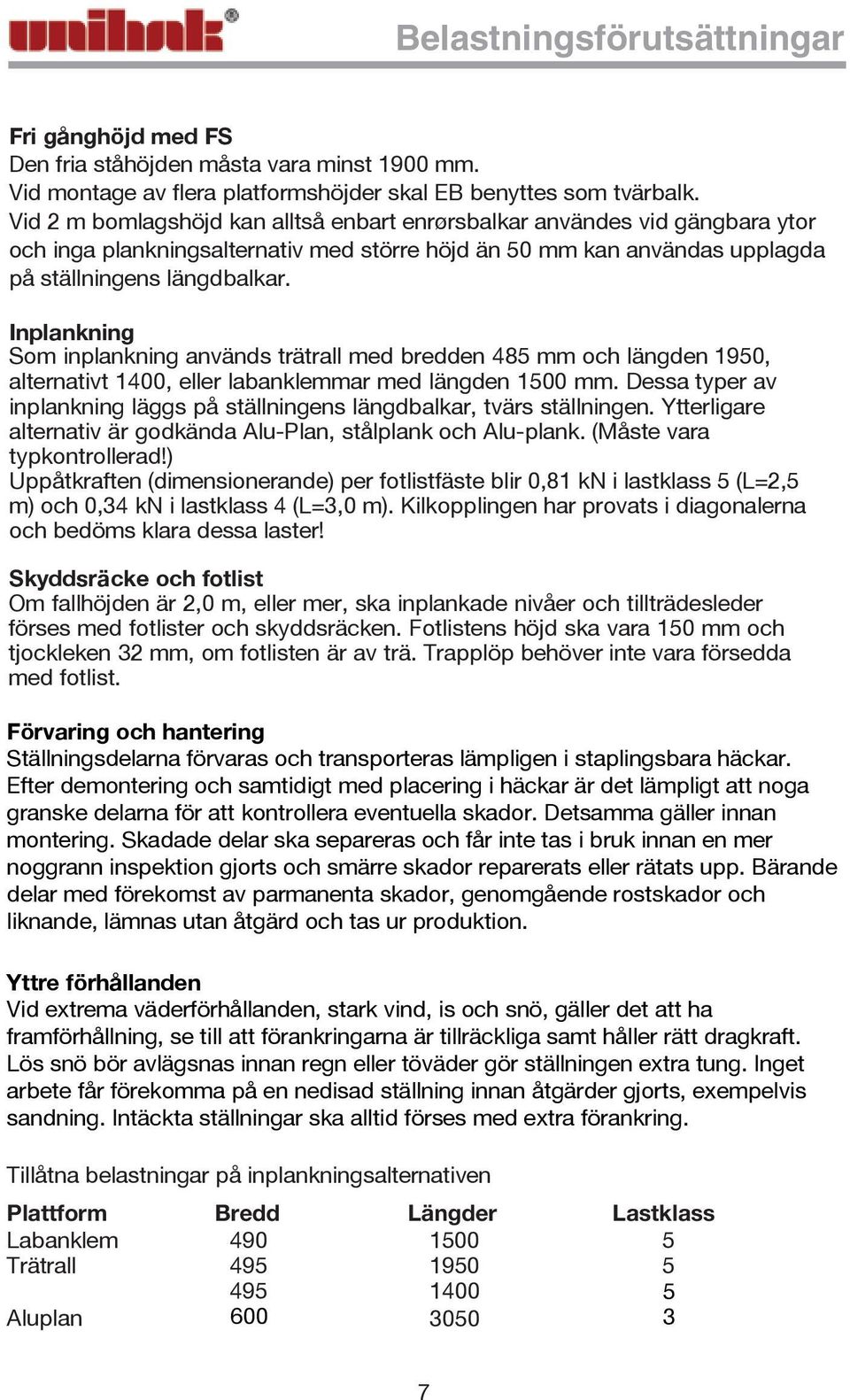 Inplankning Som inplankning används trätrall med bredden 485 mm och längden 1950, alternativt 1400, eller labanklemmar med längden 1500 mm.