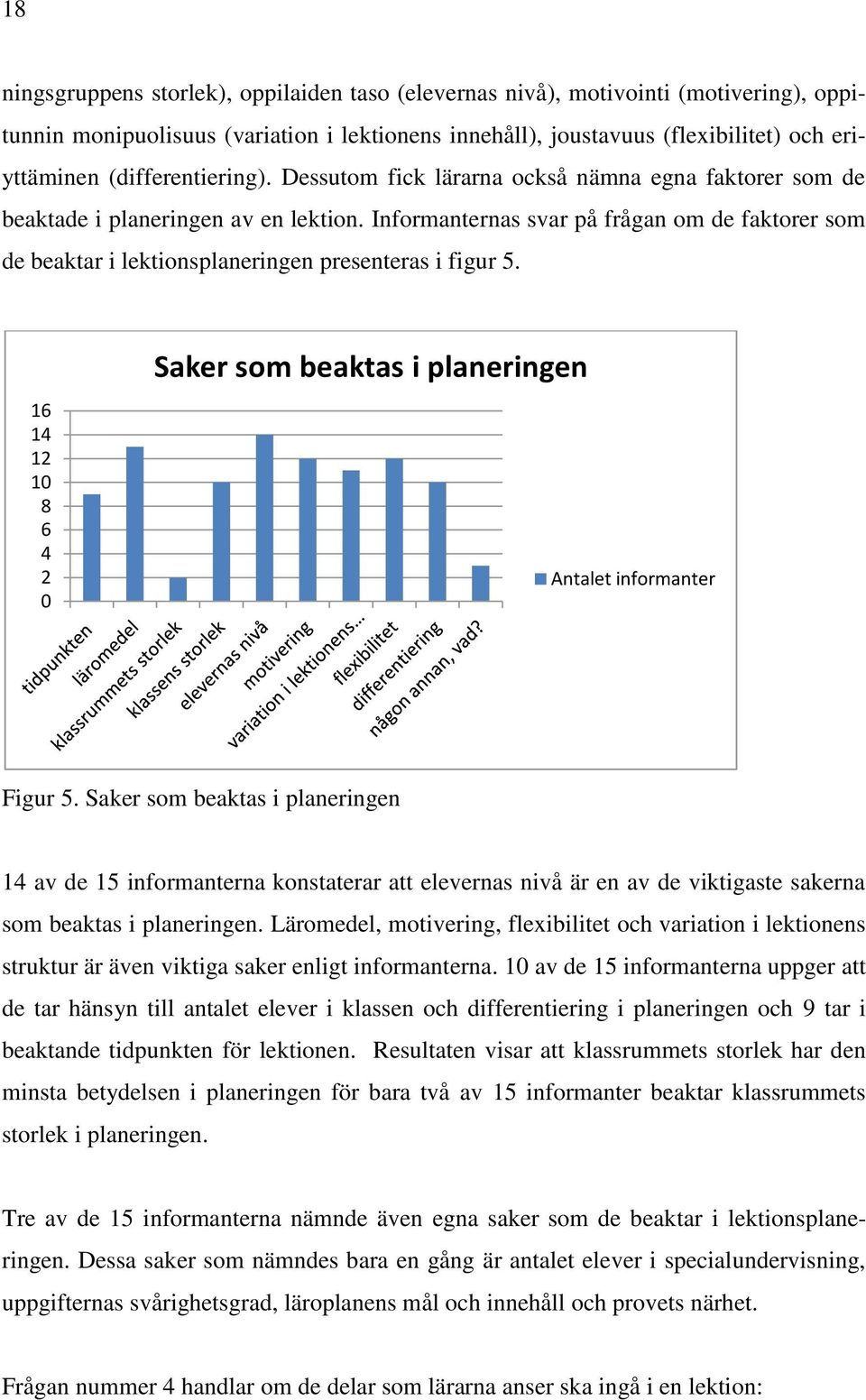 Informanternas svar på frågan om de faktorer som de beaktar i lektionsplaneringen presenteras i figur 5. 16 14 12 10 8 6 4 2 0 Saker som beaktas i planeringen Antalet informanter Figur 5.