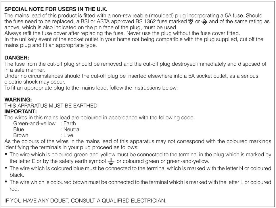 Always refit the fuse cover after replacing the fuse. Never use the plug without the fuse cover fitted.