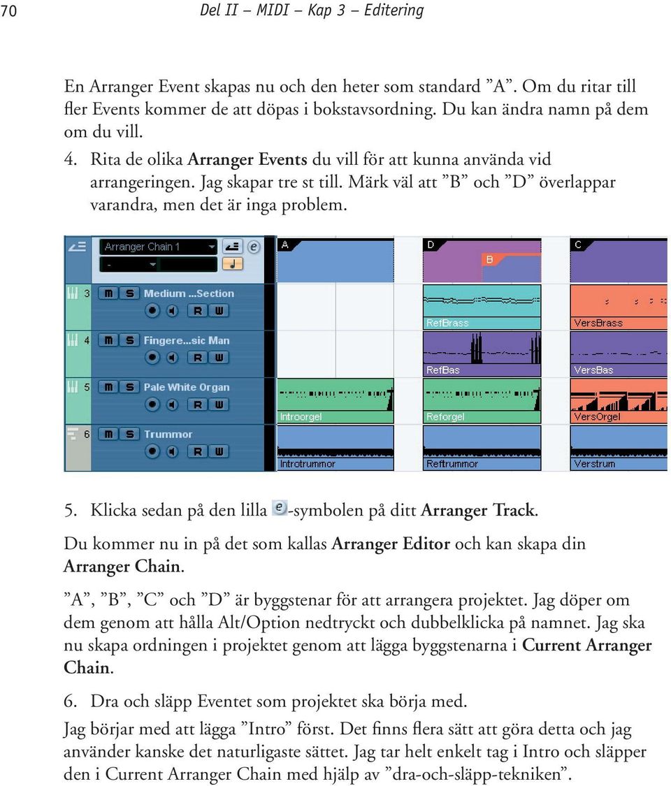 Klicka sedan på den lilla -symbolen på ditt Arranger Track. Du kommer nu in på det som kallas Arranger Editor och kan skapa din Arranger Chain. A, B, C och D är byggstenar för att arrangera projektet.