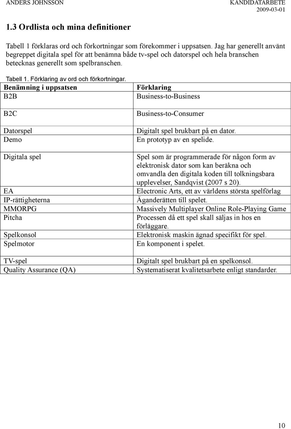 Benämning i uppsatsen B2B B2C Datorspel Demo Digitala spel EA IP-rättigheterna MMORPG Pitcha Spelkonsol Spelmotor TV-spel Quality Assurance (QA) Förklaring Business-to-Business Business-to-Consumer