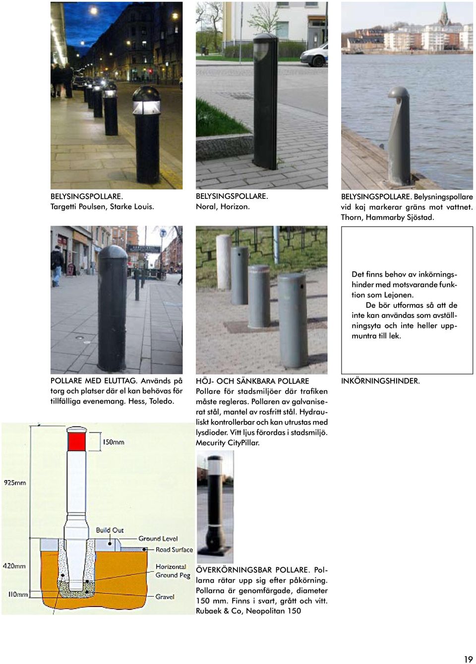 Används på torg och platser där el kan behövas för tillfälliga evenemang. Hess, Toledo. Höj- och sänkbara pollare Pollare för stads miljöer där trafiken måste regle ras.