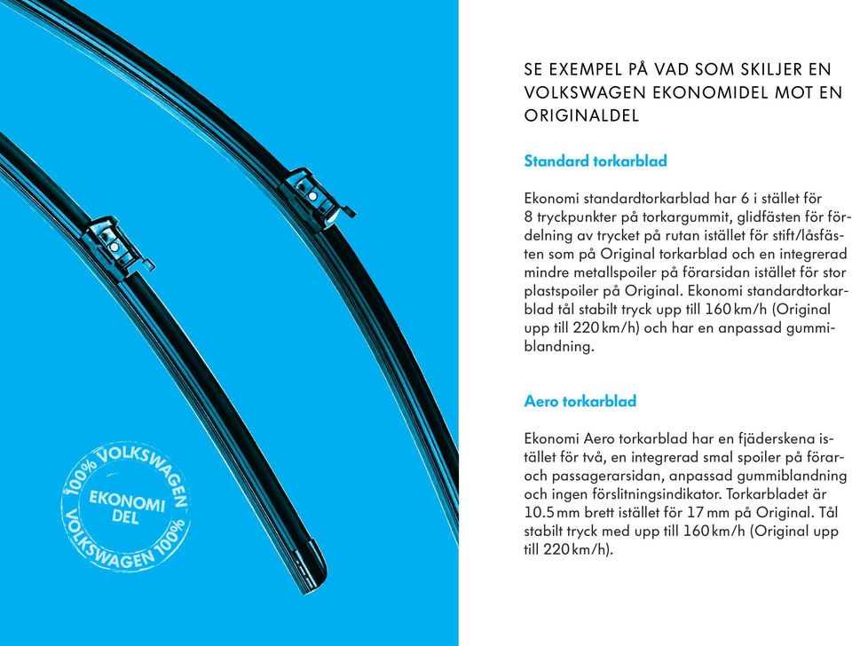 Ekonomi standardtorkarblad tål stabilt tryck upp till 160 km/h (Original upp till 220 km/h) och har en anpassad gummiblandning.