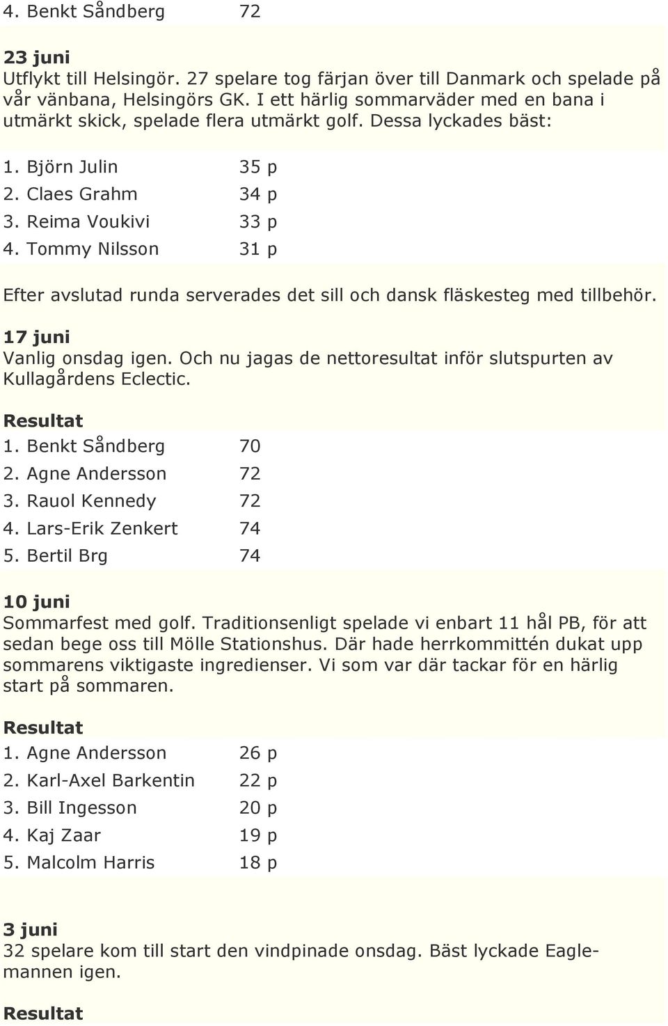 Tommy Nilsson 31 p Efter avslutad runda serverades det sill och dansk fläskesteg med tillbehör. 17 juni Vanlig onsdag igen. Och nu jagas de nettoresultat inför slutspurten av Kullagårdens Eclectic. 1. Benkt Såndberg 70 2.