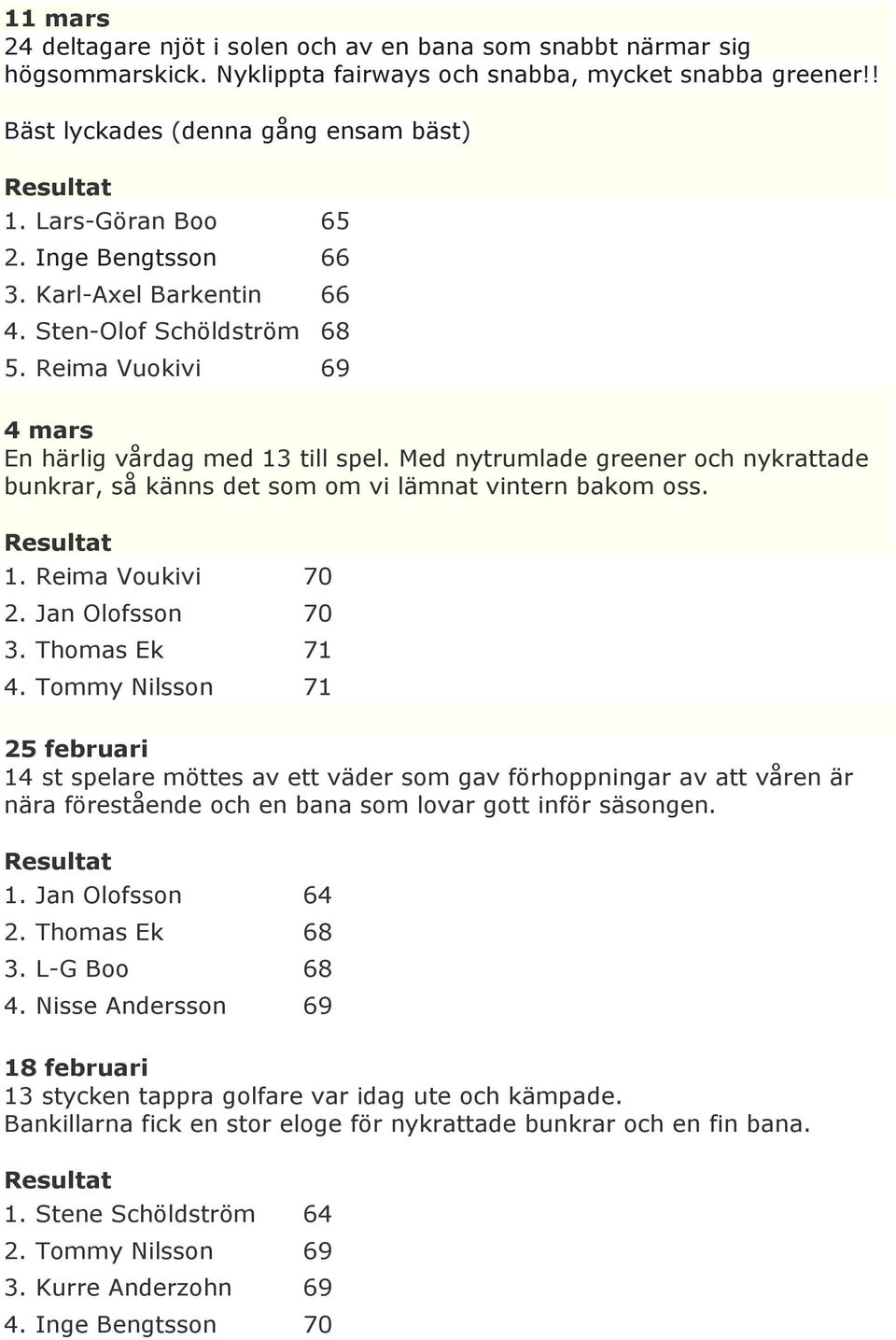 Med nytrumlade greener och nykrattade bunkrar, så känns det som om vi lämnat vintern bakom oss. 1. Reima Voukivi 70 2. Jan Olofsson 70 3. Thomas Ek 71 4.