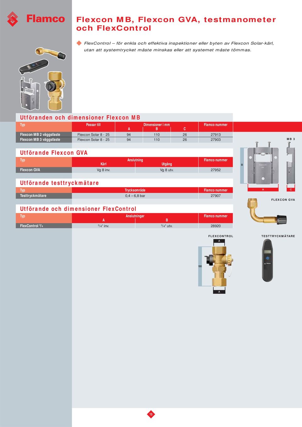 Utföranden och dimensioner Flexcon M Typ Passar till Dimensioner i mm Flamco nummer C Flexcon M 2 väggsfaste Flexcon Solar 8-25 94 110 26 27913 Flexcon M 3 väggsfaste Flexcon Solar 8-25 94