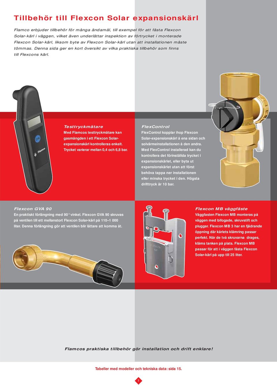 Testtryckmätare Med Flamcos testtryckmätare kan gasmängden i ett Flexcon Solarexpansionskärl kontrolleras enkelt. Trycket varierar mellan 0,4 och 6,8 bar.