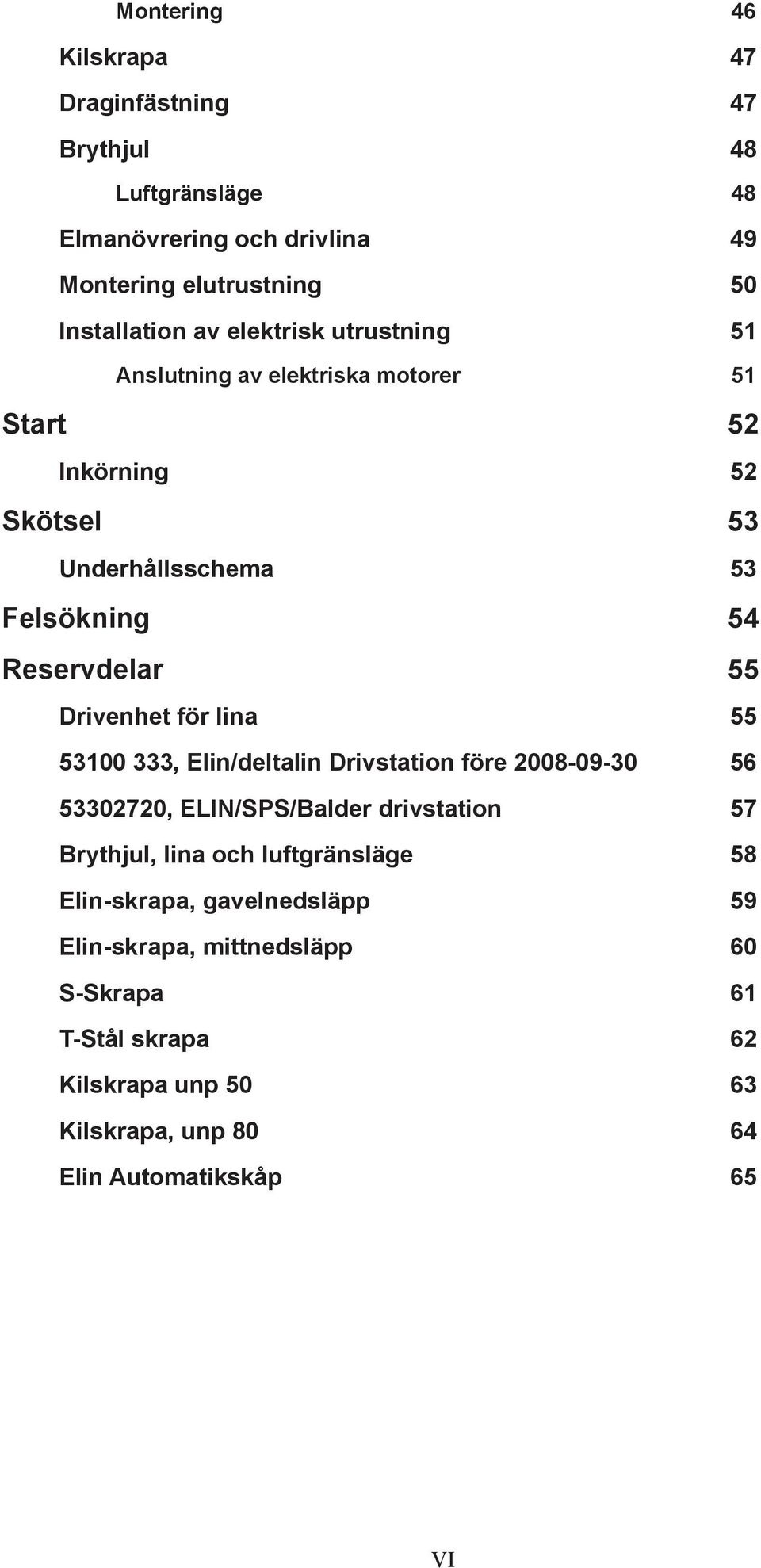 Drivenhet för lina 55 53100 333, Elin/deltalin Drivstation före 2008-09-30 56 53302720, ELIN/SPS/Balder drivstation 57 Brythjul, lina och