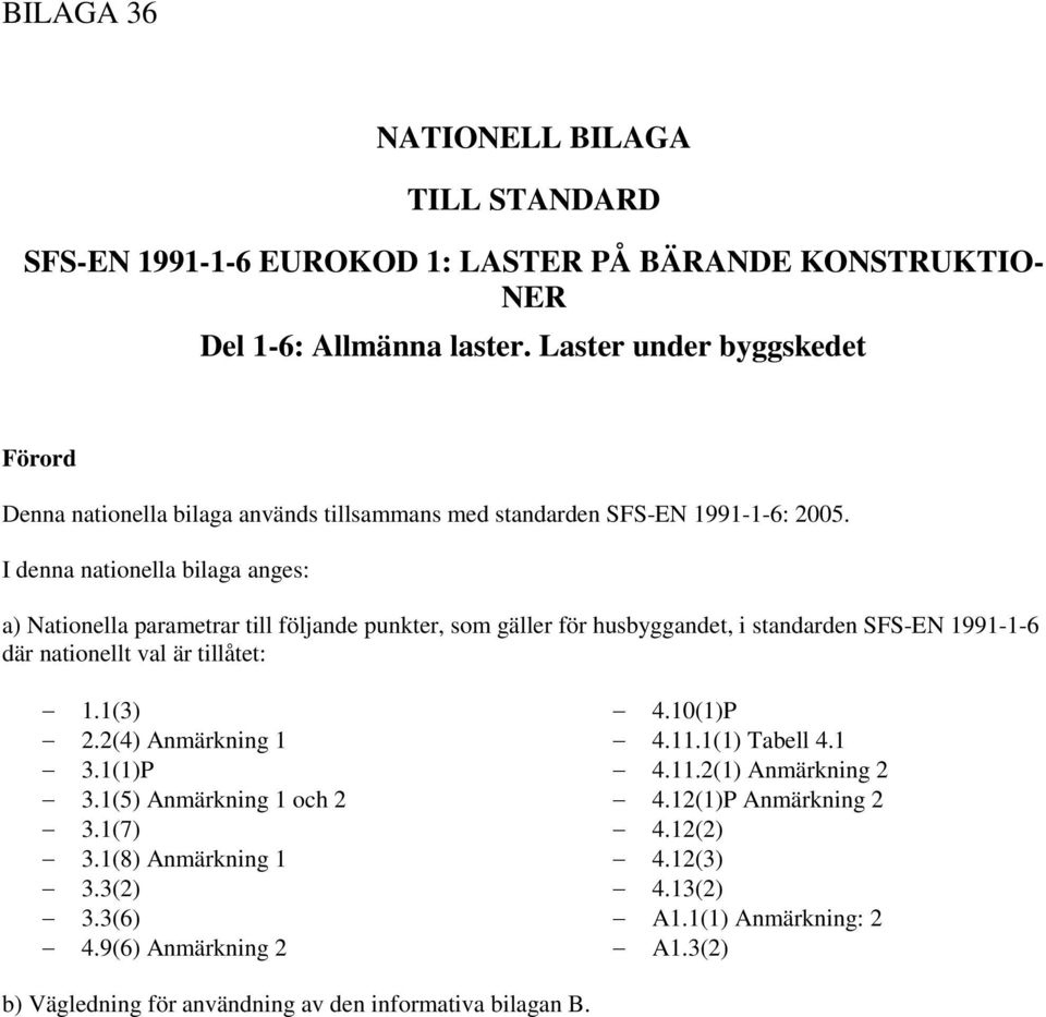 I denna nationella bilaga anges: a) Nationella parametrar till följande punkter, som gäller för husbyggandet, i standarden SFS-EN 1991-1-6 där nationellt val är tillåtet: 1.1(3) 2.