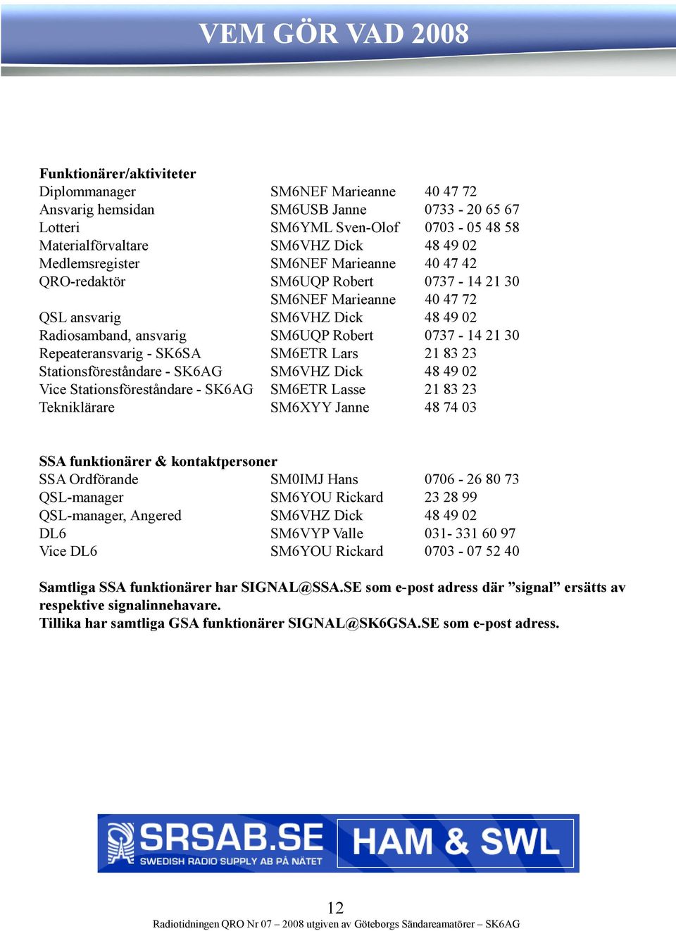 Repeateransvarig - SK6SA SM6ETR Lars 21 83 23 Stationsföreståndare - SK6AG SM6VHZ Dick 48 49 02 Vice Stationsföreståndare - SK6AG SM6ETR Lasse 21 83 23 Tekniklärare SM6XYY Janne 48 74 03 SSA