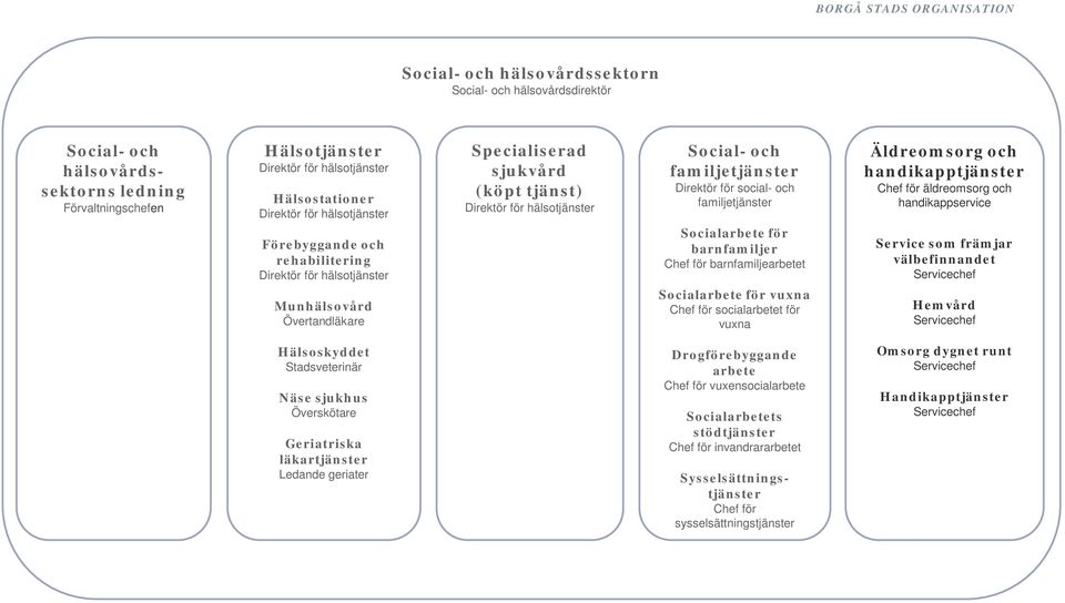 vuxna Äldreomsorg och handikapptjänster Chef för äldreomsorg och handikappservice Service som främjar välbefinnandet Hemvård Hälsoskyddet Stadsveterinär Näse sjukhus Överskötare Geriatriska