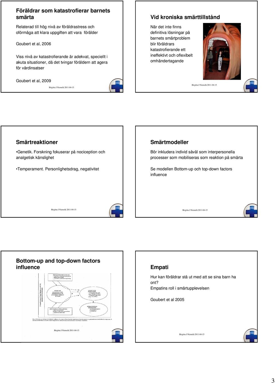 katastrofierande ett ineffektivt och oflexibelt omhändertagande Goubert et al, 2009 Smärtreaktioner Genetik. Forskning fokuserar på nociception och analgetisk känslighet Temperament.