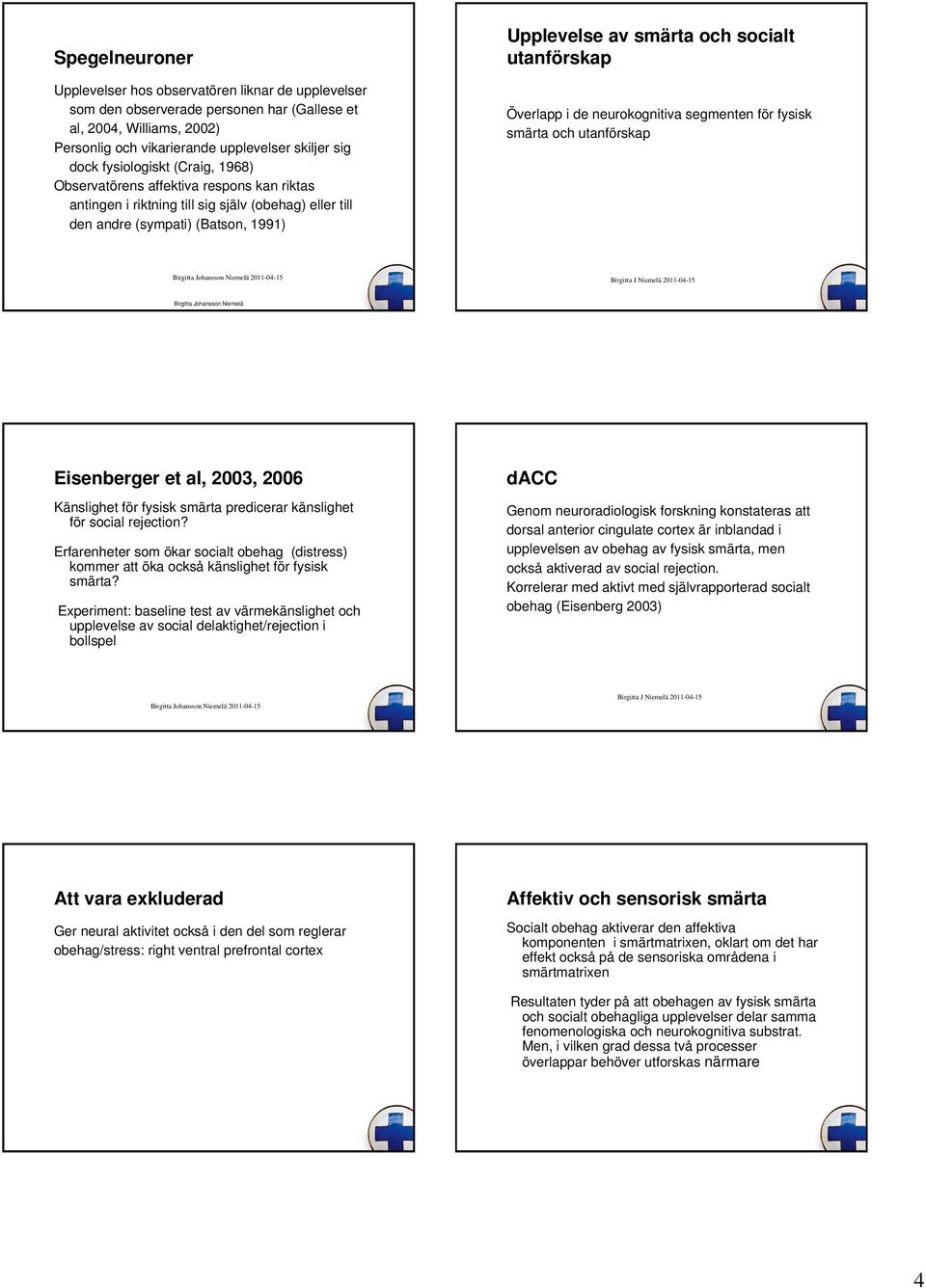 utanförskap Överlapp i de neurokognitiva segmenten för fysisk smärta och utanförskap Birgitta Johansson Niemelä 2011-04-15 Birgitta Johansson Niemelä Eisenberger et al, 2003, 2006 Känslighet för