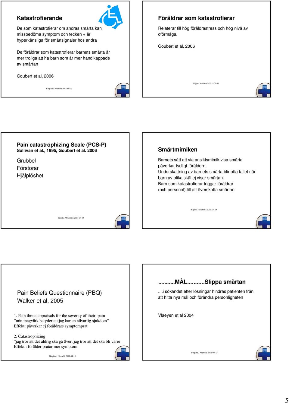 Goubert et al, 2006 Goubert et al, 2006 Pain catastrophizing Scale (PCS-P) Sullivan et al., 1995, Goubert et al.