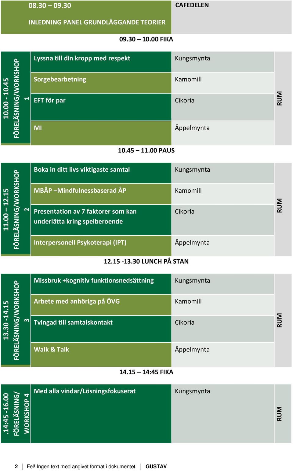 15 FÖRELÄSNING/WORKSHOP 2 Boka in ditt livs viktigaste samtal MBÅP Mindfulnessbaserad ÅP Presentation av 7 faktorer som kan underlätta kring spelberoende Interpersonell Psykoterapi (IPT) Kamomill