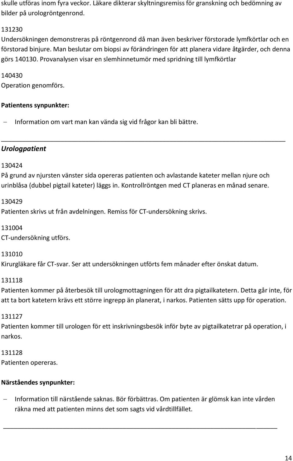 Man beslutar om biopsi av förändringen för att planera vidare åtgärder, och denna görs 140130. Provanalysen visar en slemhinnetumör med spridning till lymfkörtlar 140430 Operation genomförs.