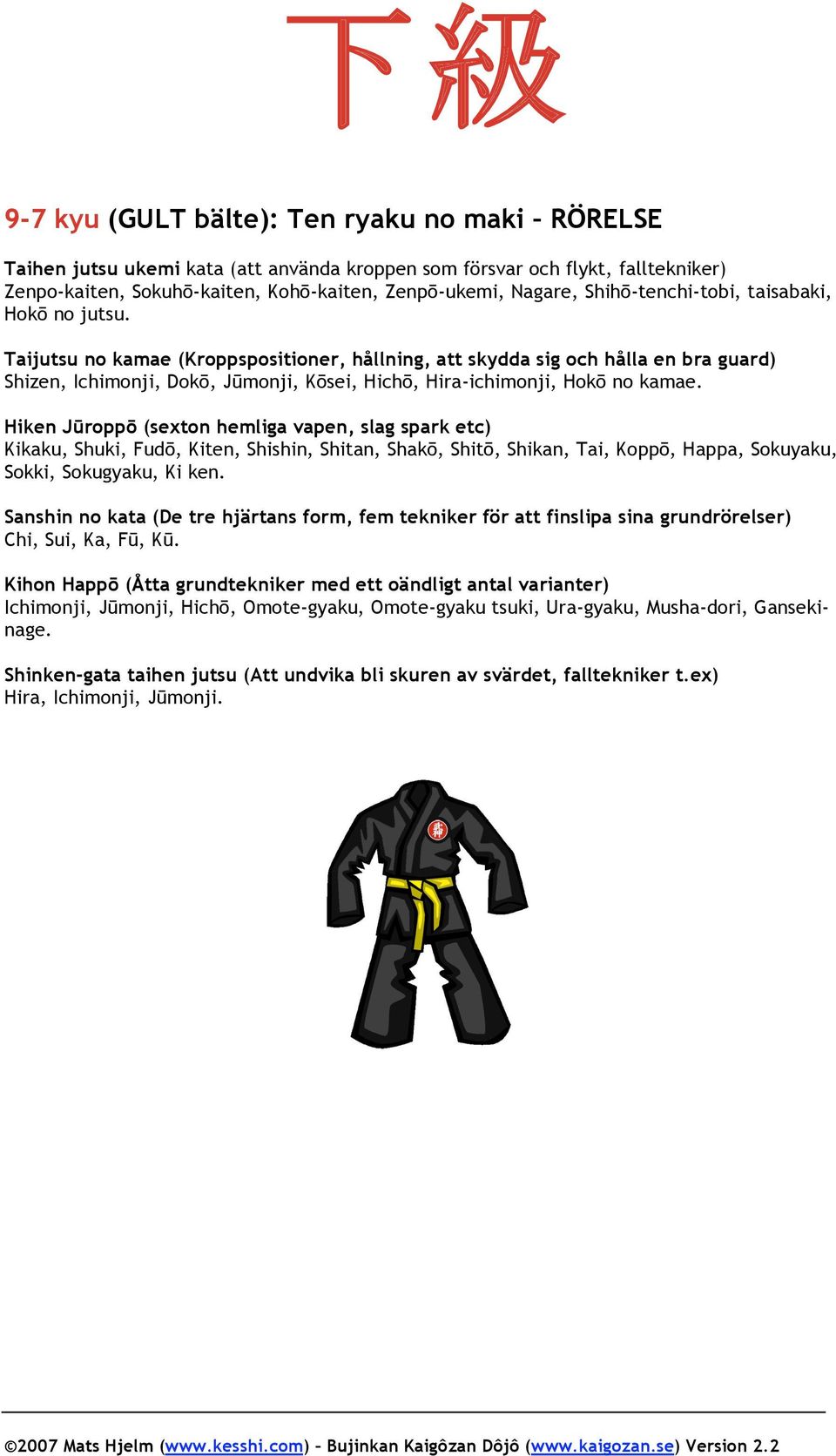 Taijutsu no kamae (Kroppspositioner, hållning, att skydda sig och hålla en bra guard) Shizen, Ichimonji, Dokō, Jūmonji, Kōsei, Hichō, Hira-ichimonji, Hokō no kamae.