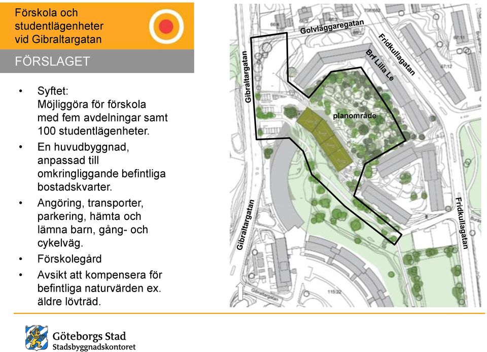 Angöring, transporter, parkering, hämta och lämna barn, gång- och cykelväg.