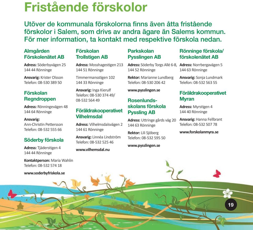 Almgården Förskolenätet AB Adress: Söderbyvägen 25 144 44 Rönninge Ansvarig: Krister Olsson Telefon: 08-530 389 50 Förskolan Regndroppen Adress: Rönningevägen 48 144 64 Rönninge Ansvarig: Ann-Chris n