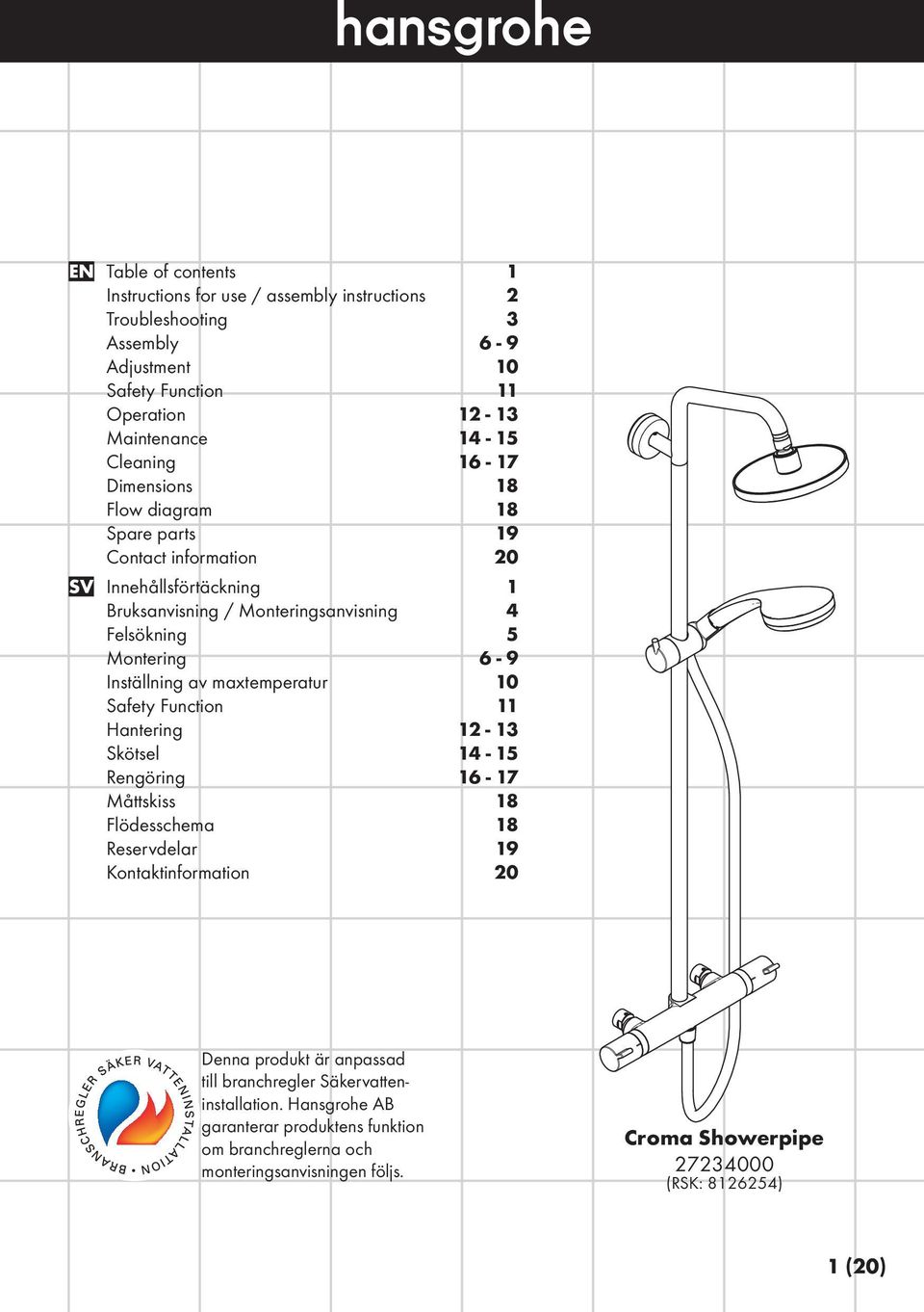 av maxtemperatur 10 Safety Function 11 Hantering 12-13 Skötsel 14-15 Rengöring 16-17 Måttskiss 18 Flödesschema 18 Reservdelar 19 Kontaktinformation 20 Denna produkt är anpassad