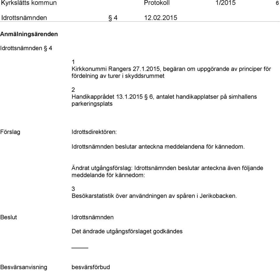 Ändrat utgångsförslag: Idrottsnämnden beslutar anteckna även följande meddelande för kännedom: 3 Besökarstatistik över användningen av spåren i Jerikobacken.