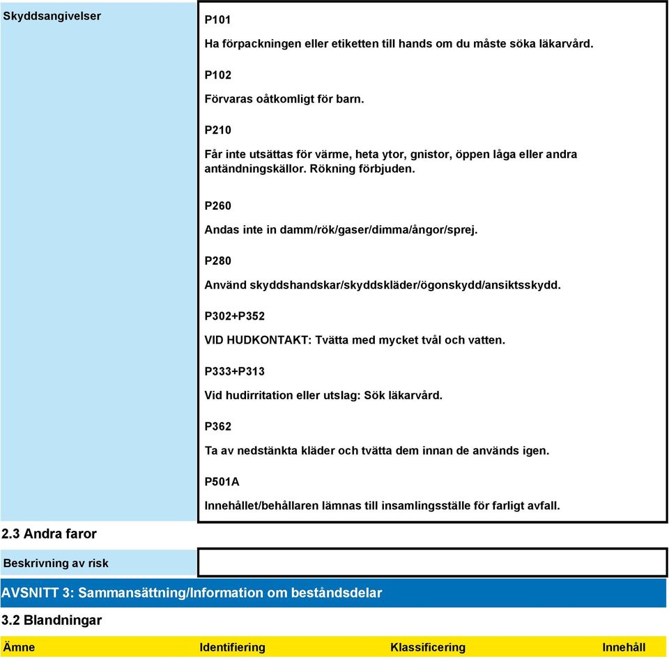 P280 Använd skyddshandskar/skyddskläder/ögonskydd/ansiktsskydd. P302+P352 VID HUDKONTAKT: Tvätta med mycket tvål och vatten. P333+P313 Vid hudirritation eller utslag: Sök läkarvård.