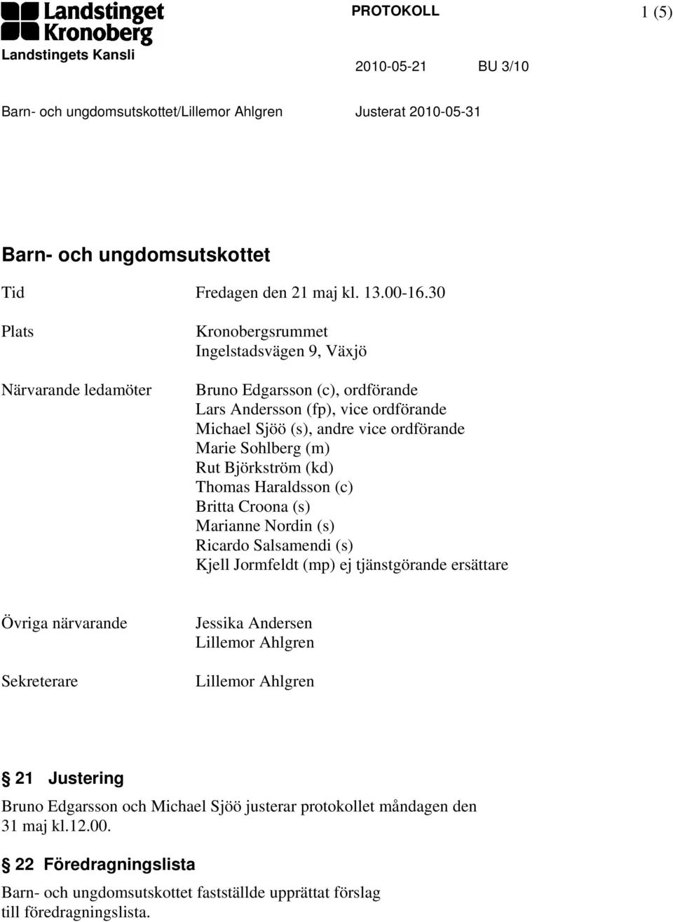 Marie Sohlberg (m) Rut Björkström (kd) Thomas Haraldsson (c) Britta Croona (s) Marianne Nordin (s) Ricardo Salsamendi (s) Kjell Jormfeldt (mp) ej tjänstgörande ersättare Övriga