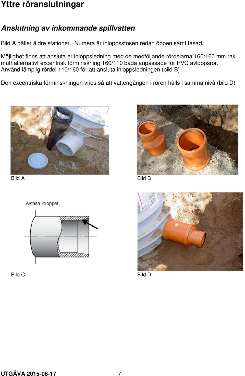 Möjlighet finns att ansluta er inloppsledning med de medföljande rördelarna 160/160 mm rak muff alternativt excentrisk förminskning