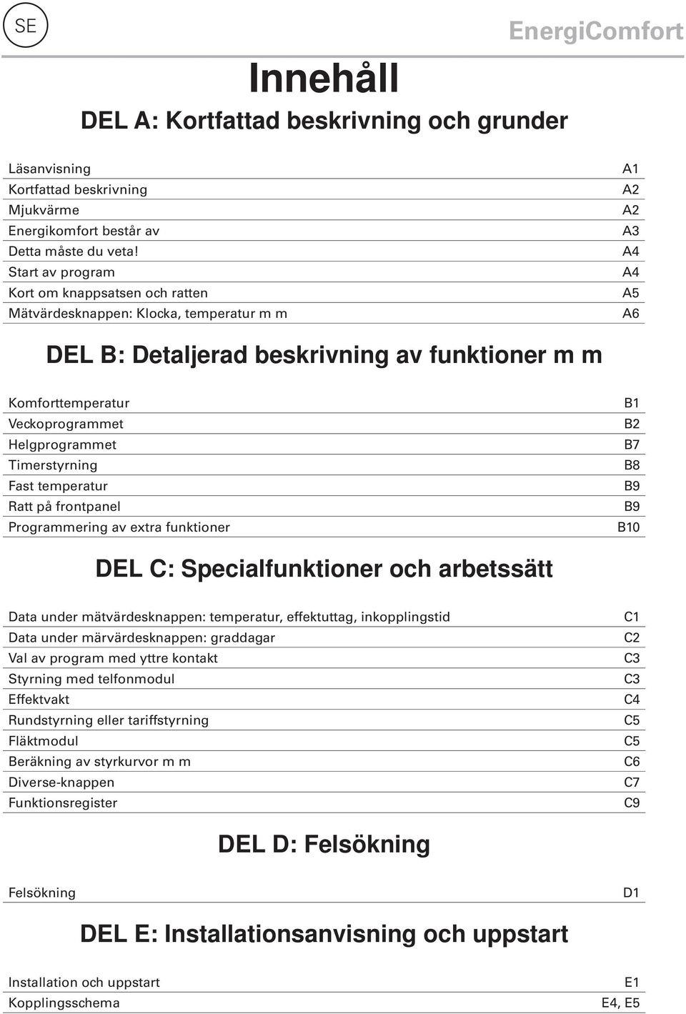 Helgprogrammet Timerstyrning Fast temperatur Ratt på frontpanel Programmering av extra funktioner B1 B2 B7 B8 B9 B9 B10 DEL C: Specialfunktioner och arbetssätt Data under mätvärdesknappen: