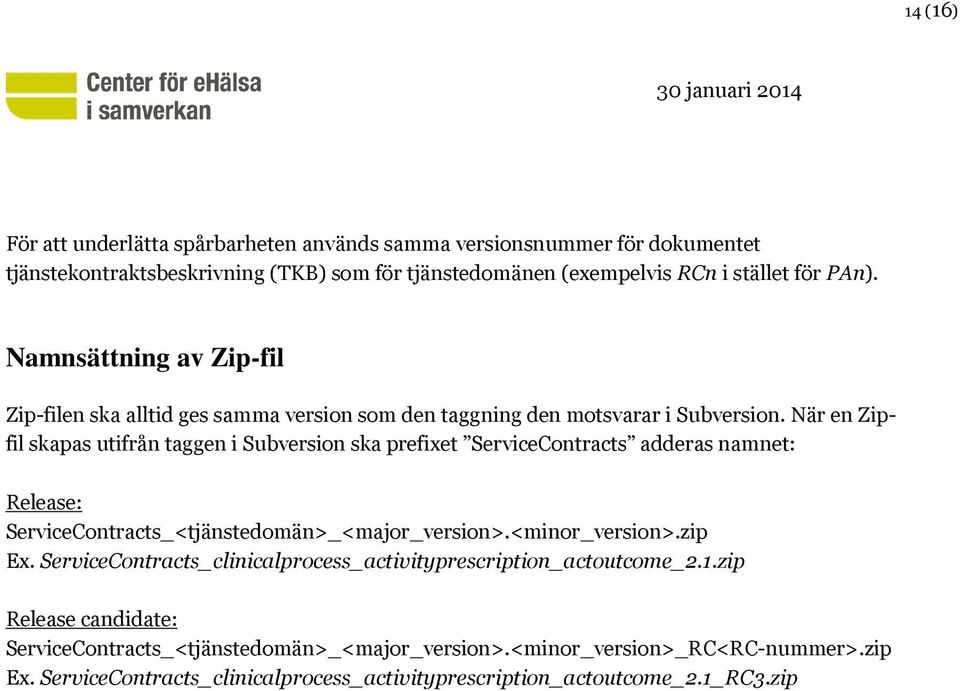 När en Zipfil skapas utifrån taggen i Subversion ska prefixet ServiceContracts adderas namnet: Release: ServiceContracts_<tjänstedomän>_<major_version>.<minor_version>.zip Ex.