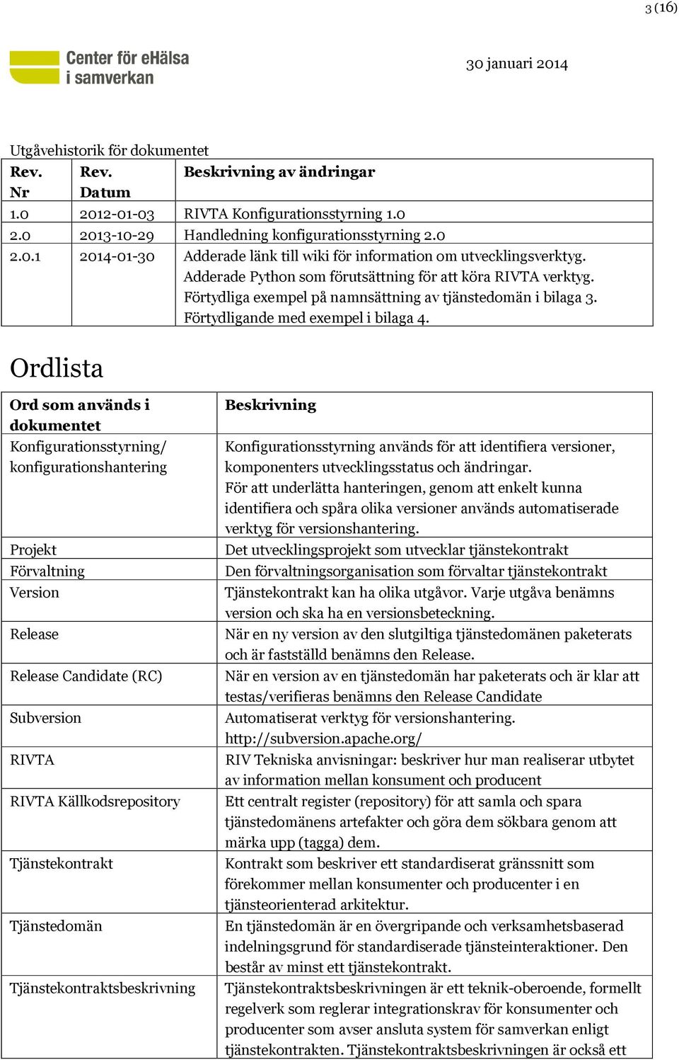 Ordlista Ord som används i dokumentet Konfigurationsstyrning/ konfigurationshantering Projekt Förvaltning Version Release Release Candidate (RC) Subversion RIVTA RIVTA Källkodsrepository