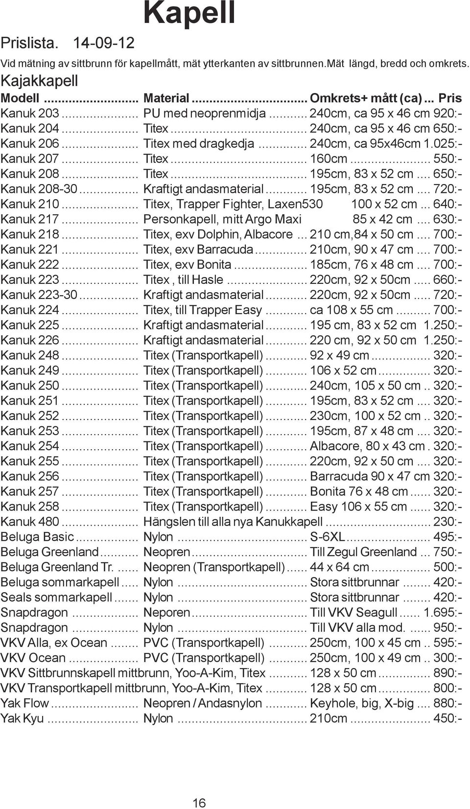 .. 550:- Kanuk 208... Titex... 195cm, 83 x 52 cm... 650:- Kanuk 208-30... Kraftigt andasmaterial... 195cm, 83 x 52 cm... 720:- Kanuk 210... Titex, Trapper Fighter, Laxen530 100 x 52 cm.