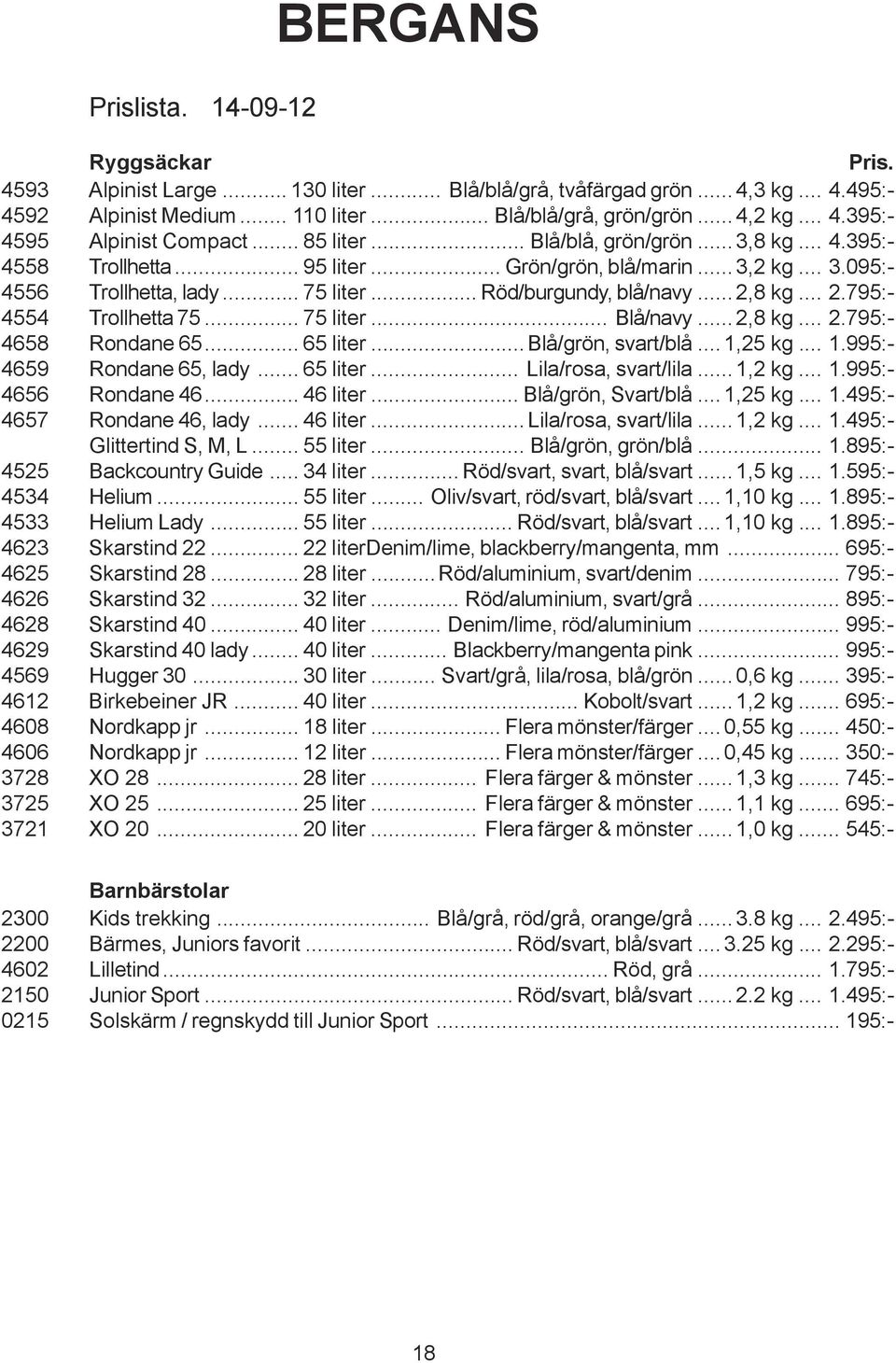 .. Röd/burgundy, blå/navy...2,8 kg... 2.795:- 4554 Trollhetta 75... 75 liter... Blå/navy...2,8 kg... 2.795:- 4658 Rondane 65... 65 liter...blå/grön, svart/blå...1,25 kg... 1.