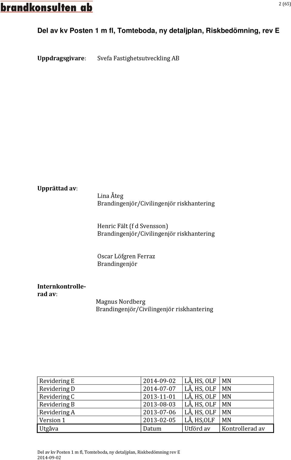 Internkontrollerad av: Magnus Nordberg Brandingenjör/Civilingenjör riskhantering Revidering E LÅ, HS, OLF MN Revidering D 2014-07-07 LÅ, HS, OLF MN Revidering