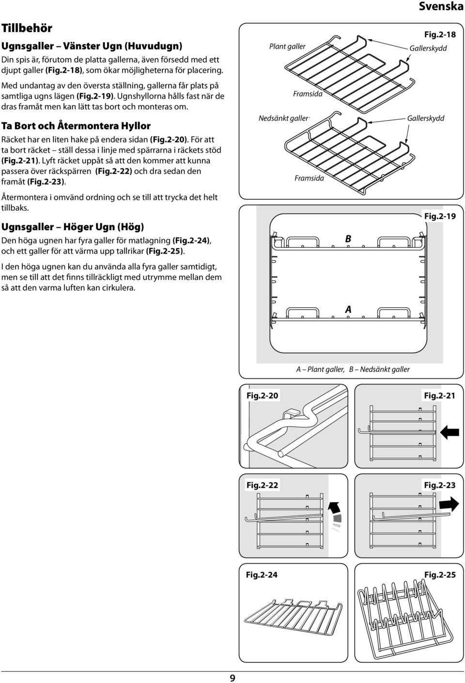 Ta Bort och Återmotera Hyllor Räcket har e lite hake på edera sida (Fig.2-20). För att ta ort räcket ställ dessa i lije med spärrara i räckets stöd (Fig.2-21).