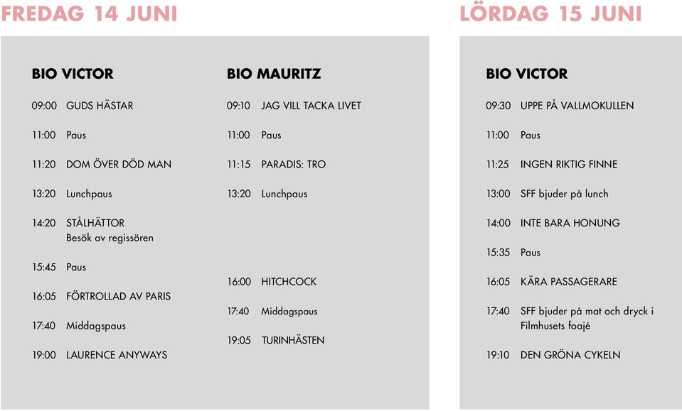 STÅLHÄTTOR Besök av regissören 15:45 Paus 16:05 FÖRTROLLAD AV PARIS 17:40 Middagspaus 19:00 LAURENCE ANYWAYS 16:00 HITCHCOCK 17:40