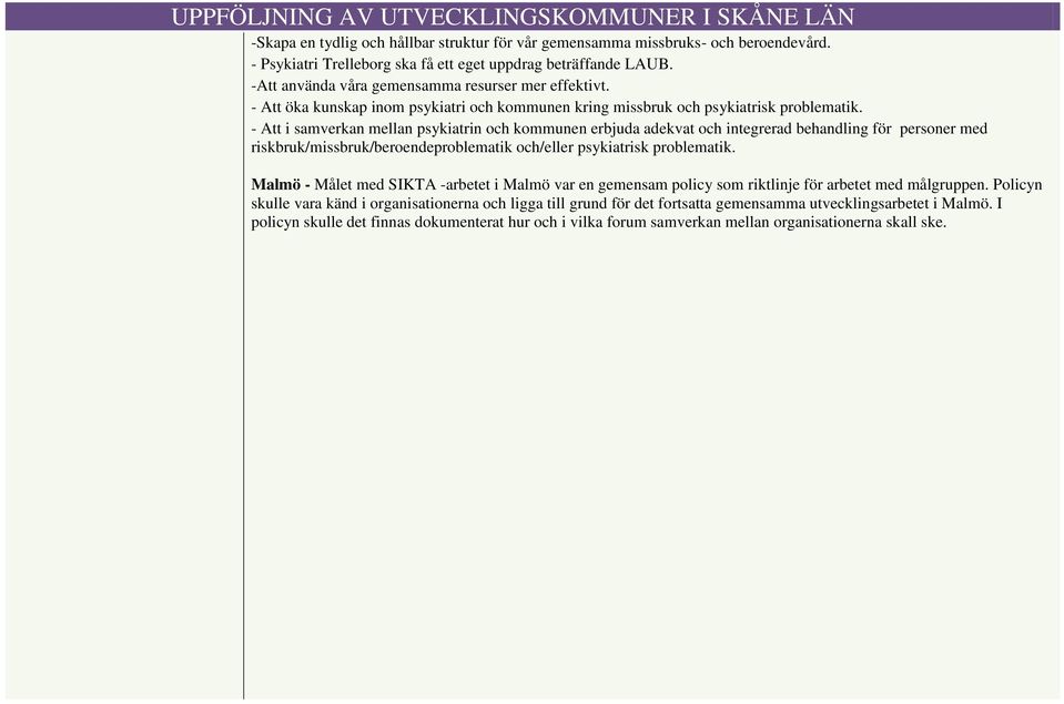 - Att i samverkan mellan psykiatrin och kommunen erbjuda adekvat och integrerad behandling för personer med riskbruk/missbruk/beroendeproblematik och/eller psykiatrisk problematik.